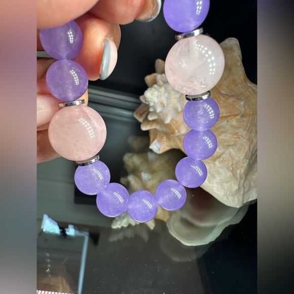 LILAC QUARTZ + PINK QUARTZ NATURAL STONES BRACELET size 7” - Picture 7 of 8